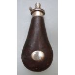 G & J W Hawksley leather covered metal powder flask with engraved cartouche, 20cm long.