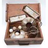 Cast metal Garden Golf game with metal hoops, trays and disks, in original wooden box.
