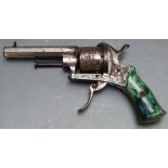 Belgian 7mm six-shot pinfire double action revolver with engraved frame and cylinder, green