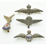 Two Royal Air Force pin badges marked 'sterling' to reverse, together with an RAFA example and one