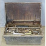 A 19thC pine toolbox with fitted sliding drawer, vintage woodworking tools including planes,
