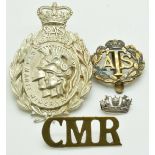 British Army 21 SAS metal hat badge together with an ATS hat badge, CMR shoulder title and a pin
