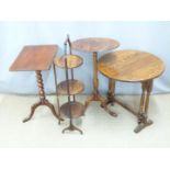 Three oak and mahogany tables, cake stand and pine bedside cabinet, tallest 73cm