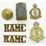 British Army four Royal Army Medical Corps metal badges including a pair of shoulder titles,