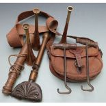 Three hunting horns, one by Swaine & Adeney, horse comb, canvas cartridge bag etc