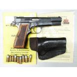 Browning 9mm Hi-Power pistol with wooden grips, original handbook and deactivation certificate dated