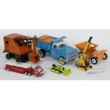 Six pressed steel and tinplate model vehicles comprising Tonka Hyraulic tipper truck, Marx Lumar