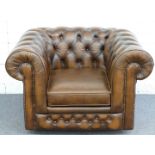 Chesterfield wing back brown leather armchair, W85 x H90cm