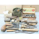 A collection of lead, engineering and woodworking tools including Rabone, top and die sets, chisels,
