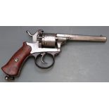 Belgian 9mm six-shot double action pinfire revolver with shaped wooden grips, belt loop and 4.75