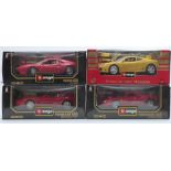 Four Burago 1:18 scale diecast model Ferrari sports cars comprising 360 Modena 1999 3368, GTO 1984