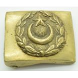 WW1 Turkish all brass belt buckle with laurel leaf wreath enclosing crescent moon and star pattern