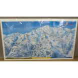 Large skiing interest advertising sign for Les 3 Vallées, Savoie, France, under a perspex cover -