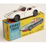 Corgi Toys diecast model Marcos 1800 G.T. with Volvo Engine, white body, red interior, blue racing