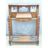 Victorian stained pine hall / umbrella / stick stand with single drawer, decorated with two tiles