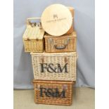 Four Fortnum and Mason wicker and birch hampers, box and picnic basket (no contents) and a