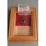 British Army WW1 25th Royal Fusiliers Frontiersmen cap badge, framed and mounted