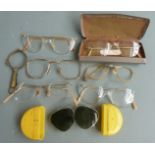 Five pairs of retro and vintage spectacles, three being of frameless design, two pairs of Art Deco