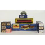 Twelve Hornby Dublo 00 gauge coaches, wagons, trucks and vans including T.P.P. Mail Van Set,