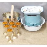 Enamel kitchenalia, Culinary Concepts champagne bucket (new) and six plated goblets with gilt wash