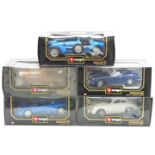 Five Burago 1:18 scale diecast model cars Bugatti EB 110 3035 and Type 59 3005 and Porsche 3005,