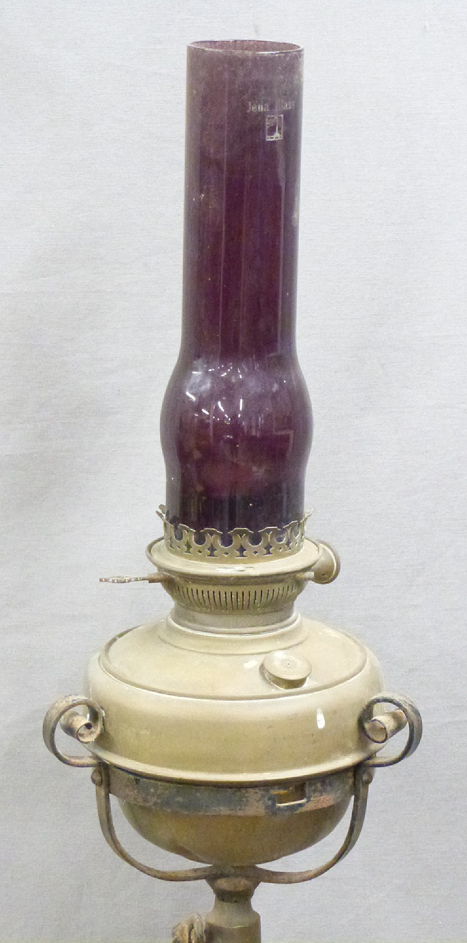 Arts and Crafts wrought iron and brass extendable oil lamp, H165cm - Image 2 of 2