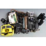Collection of cameras and binoculars including Soligor digital spot sensor, yellow Halina
