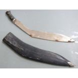 Kukri knife with crude etching to 40cm blade, in leather sheath