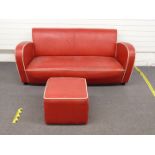 Art Deco/retro red faux leather sofa with cream piping detail, W185 x D85 x H78cm