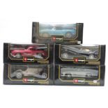 Five Burago 1:18 scale diecast model cars Mercedes-Benz 500K Roadster 3020, SSK 3009, 300 SL 3013