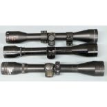 Three 4x40 rifle scopes Nikko Sterling Bentley, SMK and Zero Option Wide Angle, two with scope