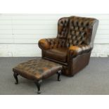 Chesterfield wing back brown leather armchair, W85 x H90xm and footstool