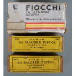 Fifty-eight Kynoch and Mauser .30 Mauser pistol cartridges, in original boxes PLEASE NOTE THAT A