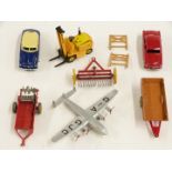 Seven Dinky Toys diecast model vehicles including Ford Sedan, aeroplane, Climax Conveyancer forklift