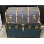 A metal bound trunk with key and another ash bound trunk, largest W102 x D52 x H53cm