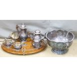 A galleried oak tray, plated ware including a tea set and punch bowl