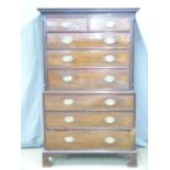 19thC mahogany chest on chest of two over six graduated drawers raised on shaped bracket feet,