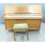 Challen 988 teak upright piano and stool, with Kastner-Wehlan floating centre action. London made