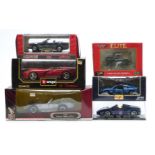 Five large scale diecast model vehicles including Britains Elite Land Rover Series 1, Burago Dodge