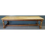 Arts and Crafts oak three plank refectory table raised on four turned legs united by two straight