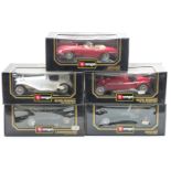 Five Burago 1:18 scale diecast model cars Jaguar SS 100 3006 and E Cabriolet 3016, Lamborghini