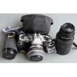 Olympus OM10 SLR camera with Olympus 50mm 1:1.8, Miranda 70-210mm 1:4.5-5.6 and Formula 5 f=28mm 1: