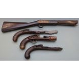 Four various guns for restoration comprising a duelling pistol with indistinct London maker's name