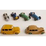 Six Dinky Toys diecast model car comprising Speed of the Wind 23E, Ferrari 23H, H.W.M. 23J, Talbot