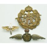 Royal Air Force cap badge, medal and enamel brooch and a winged propeller pin badge marked '