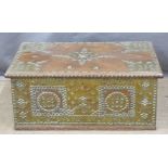Eastern twin handled trunk with riveted brass decoration and fitted interior, W57 x D37 x H25cm