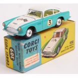 Corgi Toys diecast model Aston Martin Competition Model with two-tone blue and white body, cream