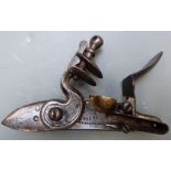 French flintlock gun lock inscribed 'Mnaufre A Versailles' with line engraved detail and brass