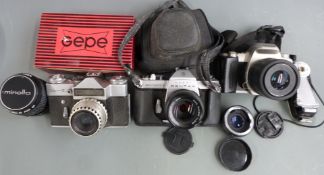 Cameras and accessories including Pentax MZ-50 SLR camera with 35-80 lens, Asahi Pentax Spotmatic F,