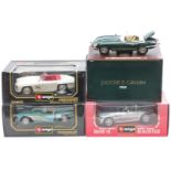 Four Burago 1:18 scale diecast model sports cars comprising BMW M Roadster 1996 3369, Jaguar E